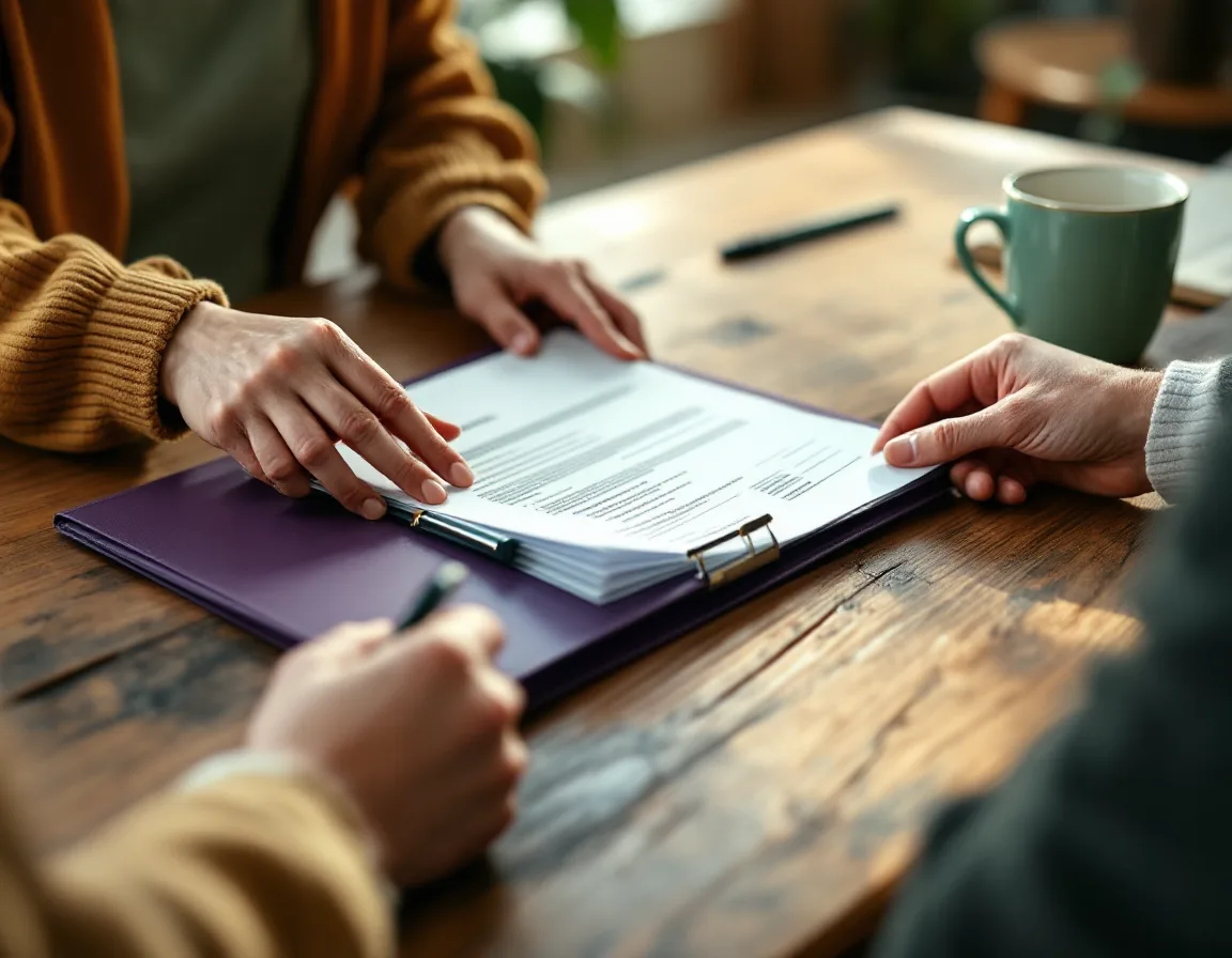 A printed grant application being handed across a table