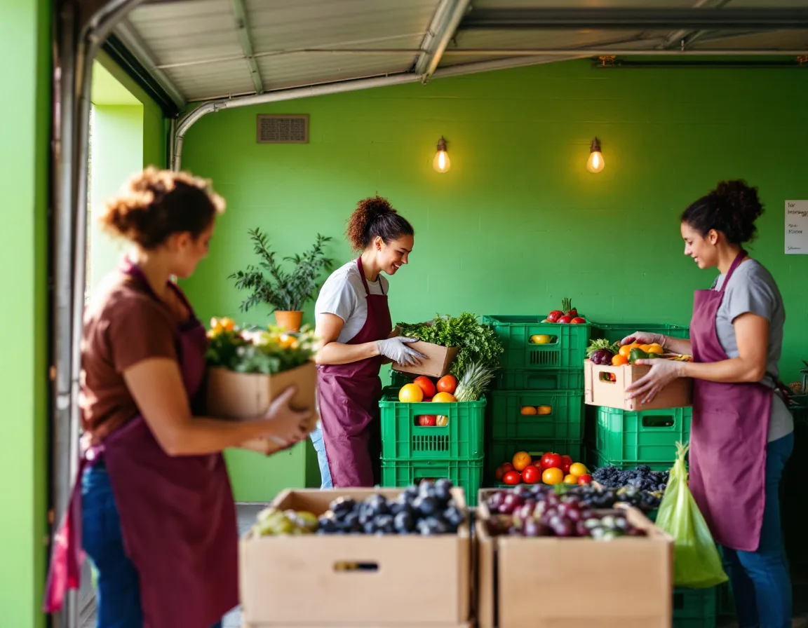 Volunteers unloading produce crates at a small community pantry