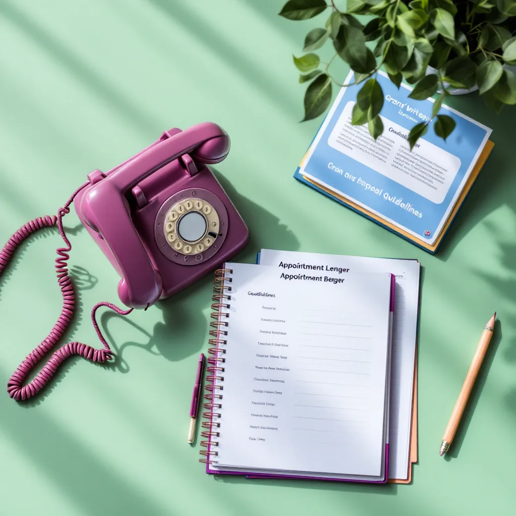 A desk phone beside an open ledger and printed grant guidelines